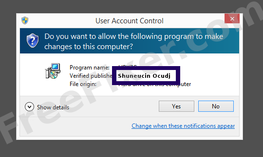 Screenshot where Shuneucin Ocudj appears as the verified publisher in the UAC dialog